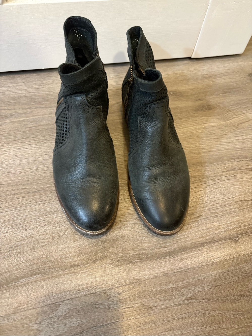 Perforated Black Leather Ankle Booties with Side Zip